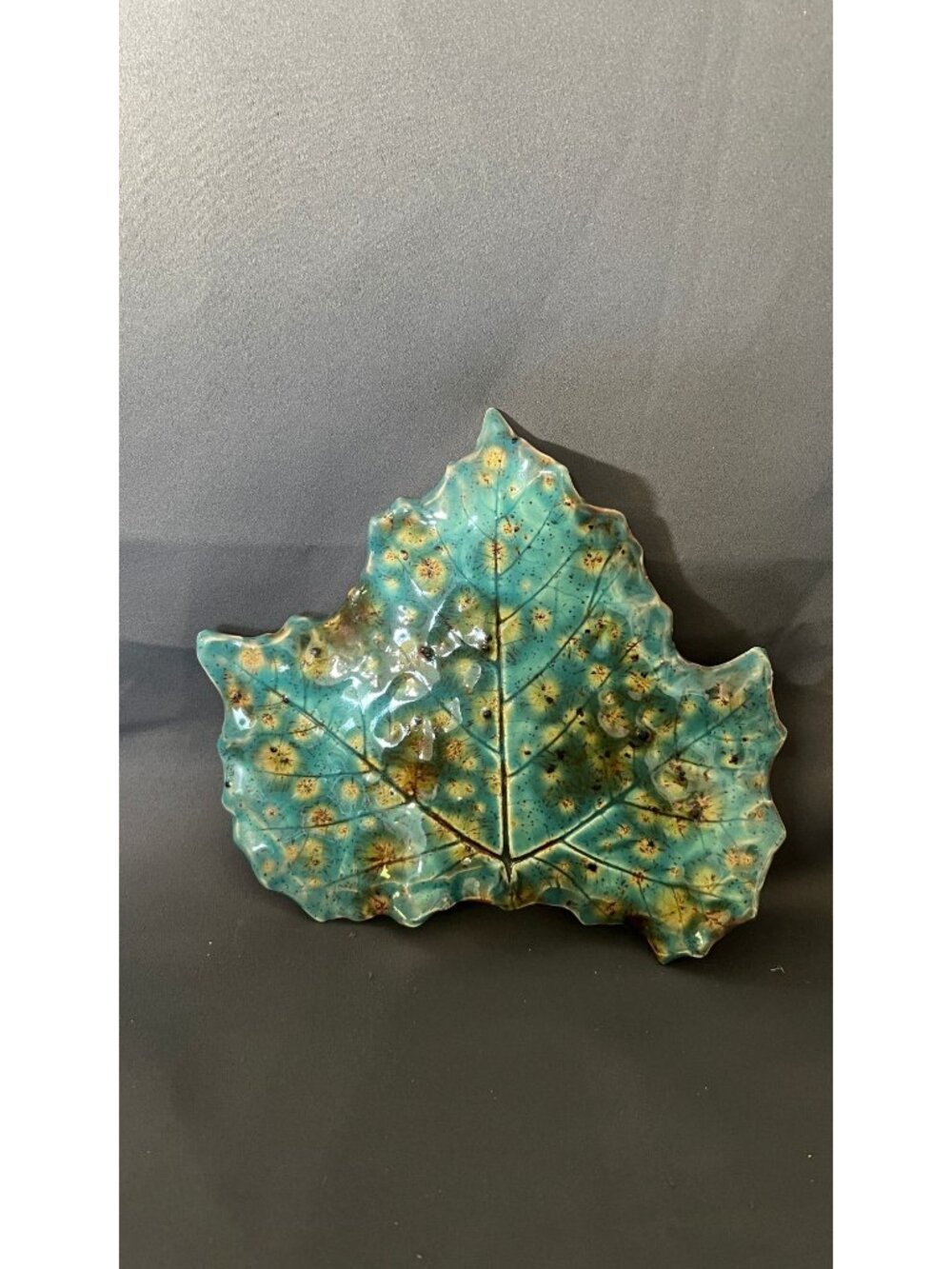 Handcrafted Ceramic Leaf-Shaped Decorative Plate Turquoise & Brown